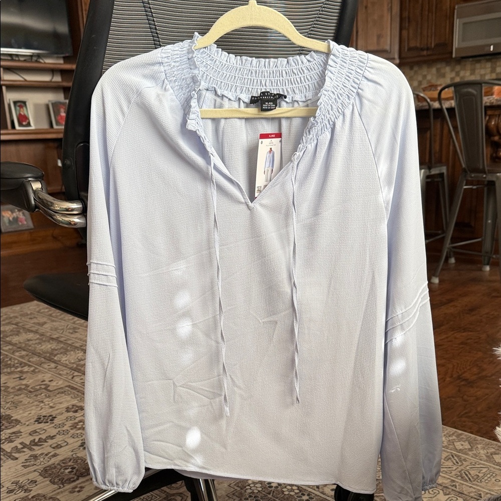 Elegant Light Blue Smocked Neck Blouse - Picture 8 of 15